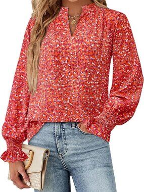 NWOT Mascomoda Orange Red Floral V-Neck Smocked Cuff Boho Blouse Size M
